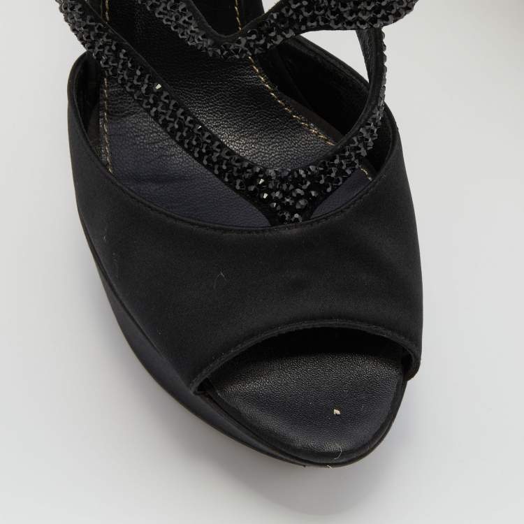 Pre Owned Sergio Rossi Black Satin and Leather Crystal Embellished Platform Sandals Size 36.5