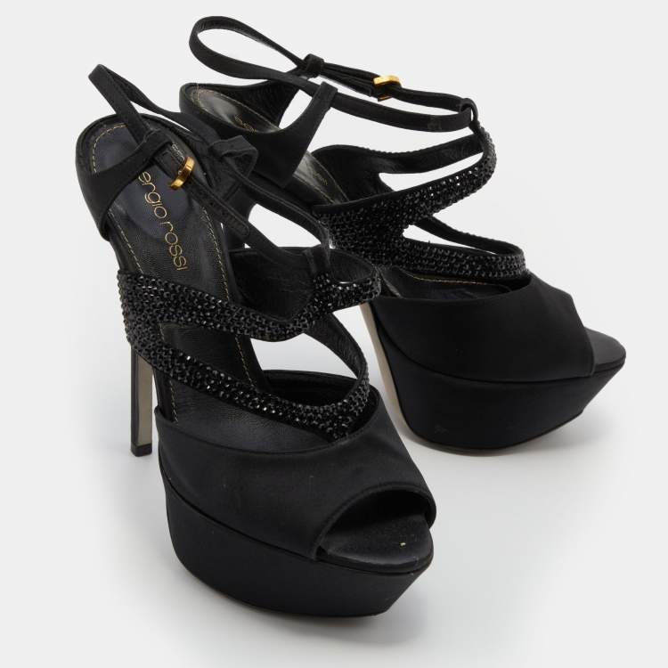 Pre Owned Sergio Rossi Black Satin and Leather Crystal Embellished Platform Sandals Size 36.5