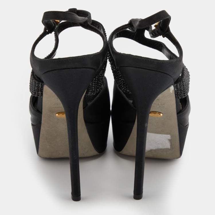 Pre Owned Sergio Rossi Black Satin and Leather Crystal Embellished Platform Sandals Size 36.5