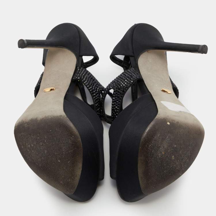 Pre Owned Sergio Rossi Black Satin and Leather Crystal Embellished Platform Sandals Size 36.5