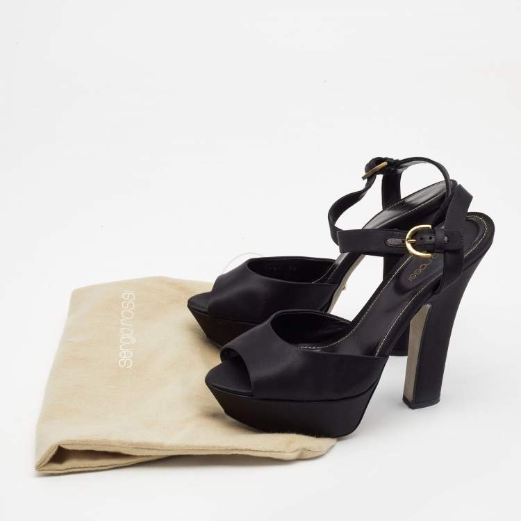 مملوكة مسبقًا Sergio Rossi Black Satin Ankle Strap Platform Sandals Size 38