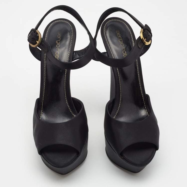 مملوكة مسبقًا Sergio Rossi Black Satin Ankle Strap Platform Sandals Size 38