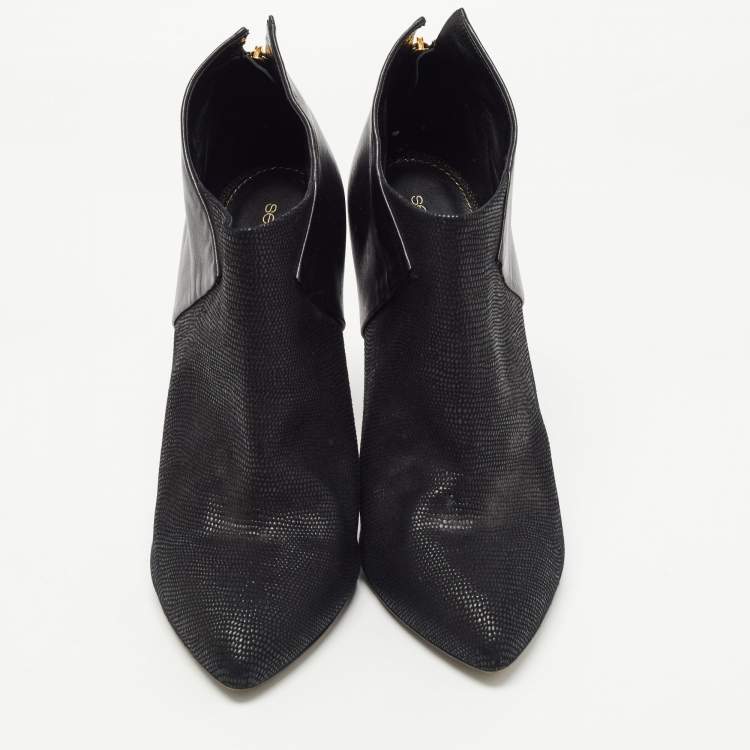 Pre Owned Sergio Rossi Black Leather and Textured Suede Ankle Booties Size 40