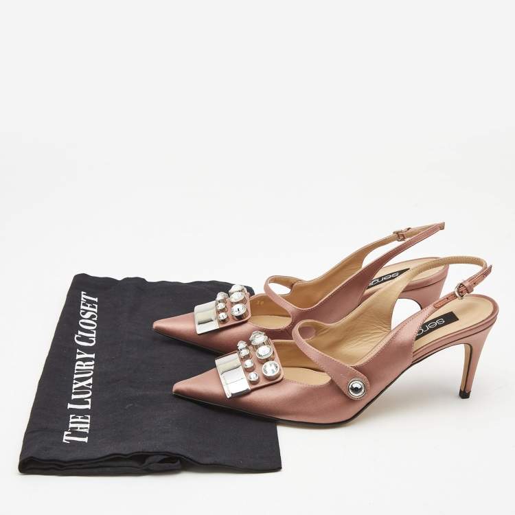 Pre Owned Sergio Rossi Pink Satin Crystal Studded Slingback Pumps Size 38