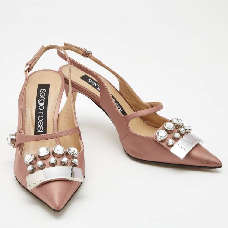 Pre Owned Sergio Rossi Pink Satin Crystal Studded Slingback Pumps Size 38