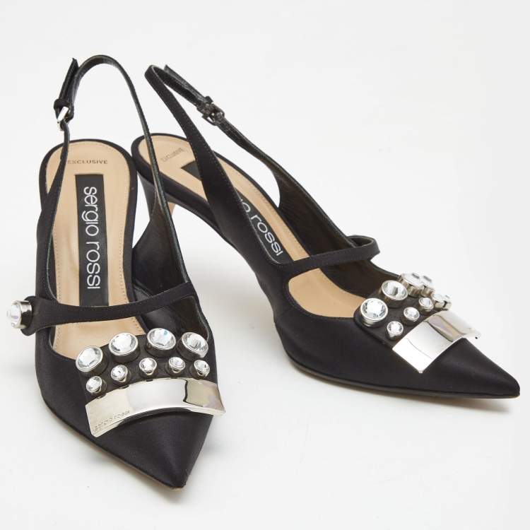 مملوكة مسبقًا Sergio Rossi Black Satin Crystal Studded Slingback Pumps Size 38