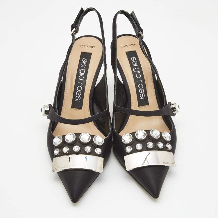 مملوكة مسبقًا Sergio Rossi Black Satin Crystal Studded Slingback Pumps Size 38