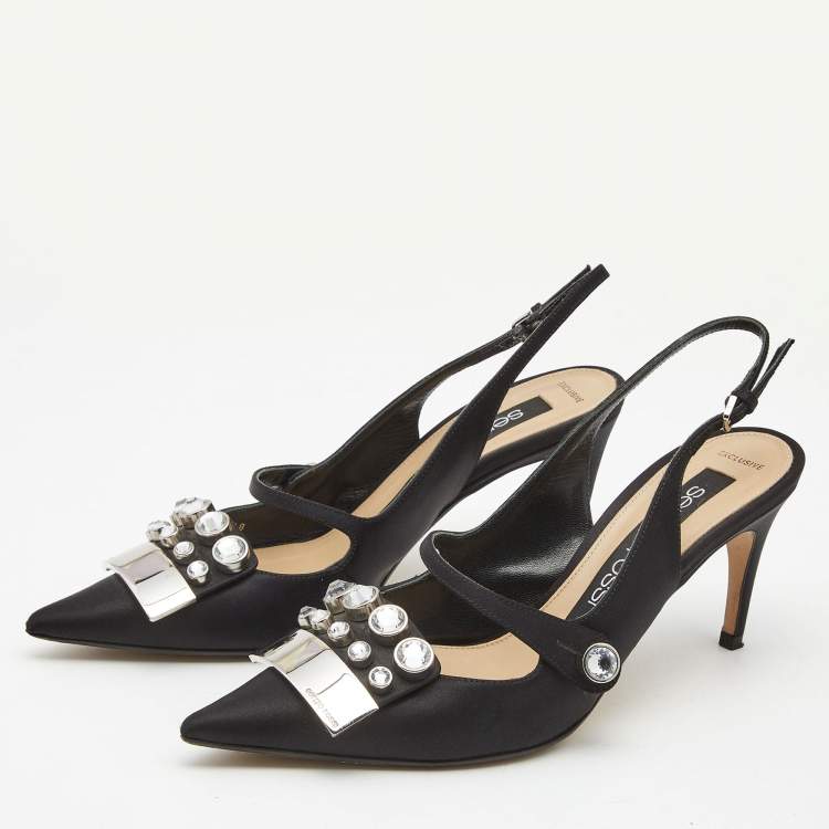 مملوكة مسبقًا Sergio Rossi Black Satin Crystal Studded Slingback Pumps Size 38