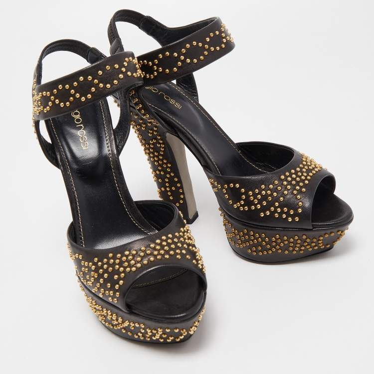 مملوكة مسبقًا Sergio Rossi Brown Leather Studded Platform Ankle Strap Sandals Size 37