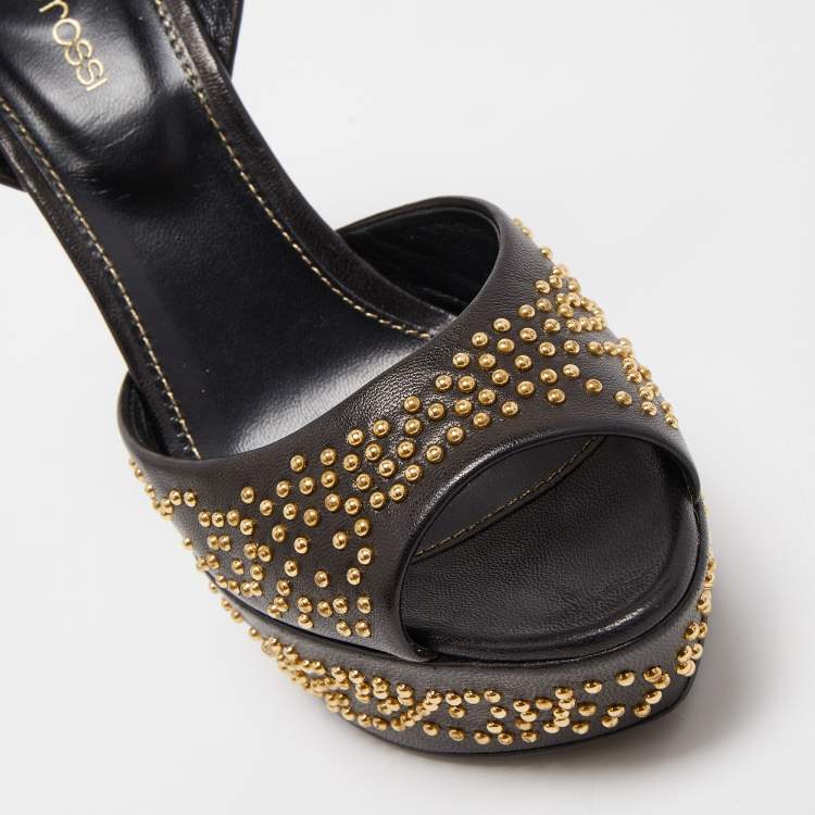 مملوكة مسبقًا Sergio Rossi Brown Leather Studded Platform Ankle Strap Sandals Size 37