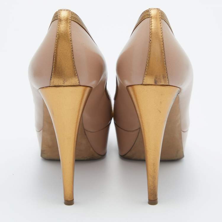 Pre Owned Sergio Rossi Pink/Gold Leather Peep Toe Platform Pumps Size 40.5