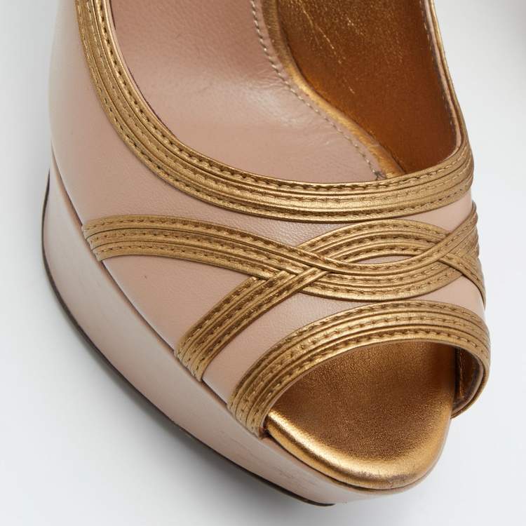 Pre Owned Sergio Rossi Pink/Gold Leather Peep Toe Platform Pumps Size 40.5
