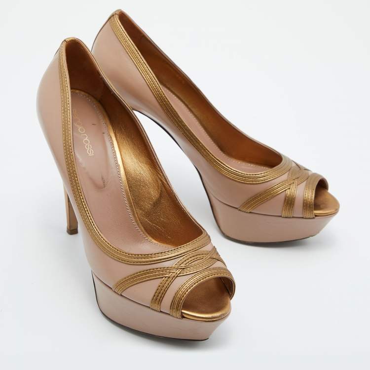Pre Owned Sergio Rossi Pink/Gold Leather Peep Toe Platform Pumps Size 40.5