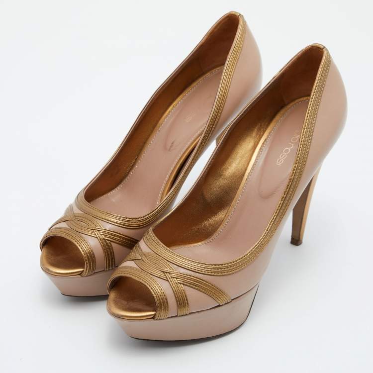 Pre Owned Sergio Rossi Pink/Gold Leather Peep Toe Platform Pumps Size 40.5