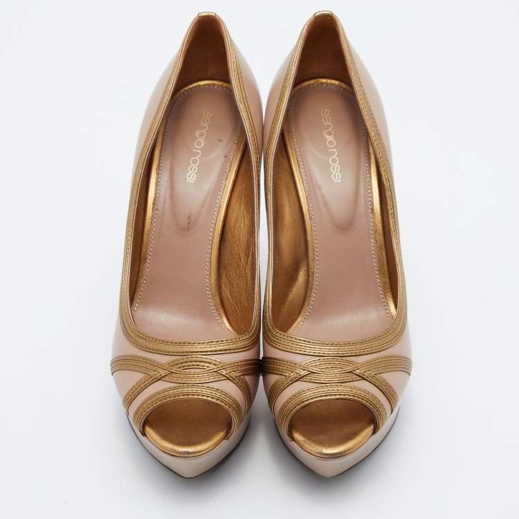 Pre Owned Sergio Rossi Pink/Gold Leather Peep Toe Platform Pumps Size 40.5