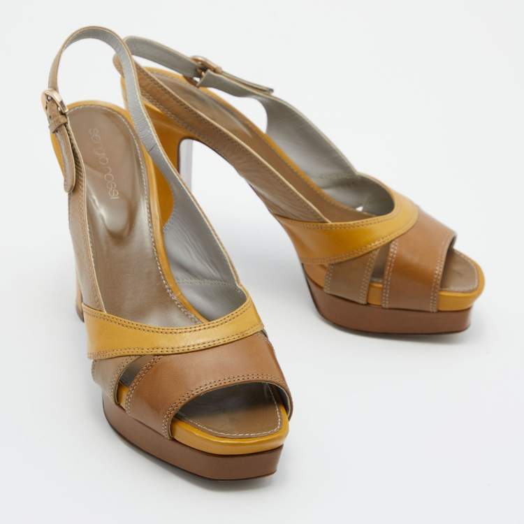 Pre Owned Sergio Rossi Tri Color Leather Block Heel Slingback Pumps Size 39