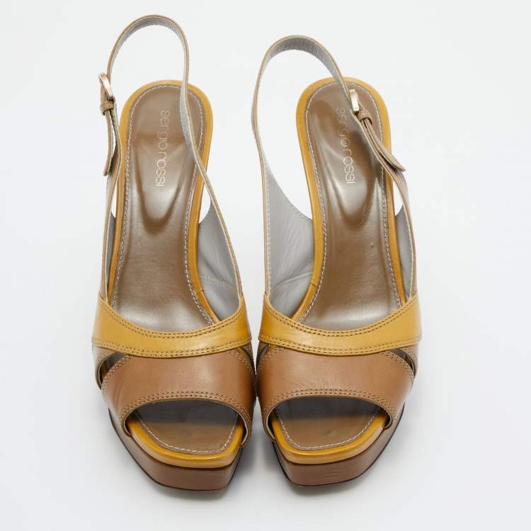 Pre Owned Sergio Rossi Tri Color Leather Block Heel Slingback Pumps Size 39
