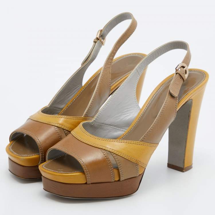 Pre Owned Sergio Rossi Tri Color Leather Block Heel Slingback Pumps Size 39