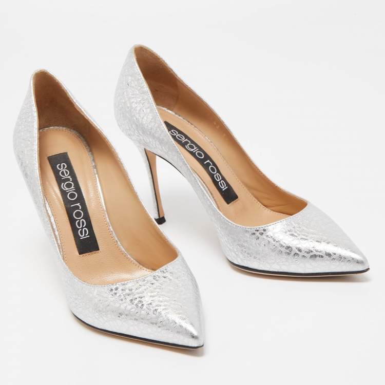 Pre Owned Sergio Rossi Silver Texture Leather Pointed Toe Pumps Size 36.5