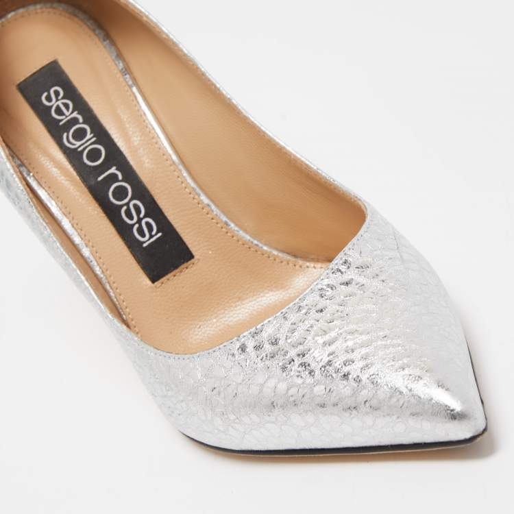 Pre Owned Sergio Rossi Silver Texture Leather Pointed Toe Pumps Size 36.5