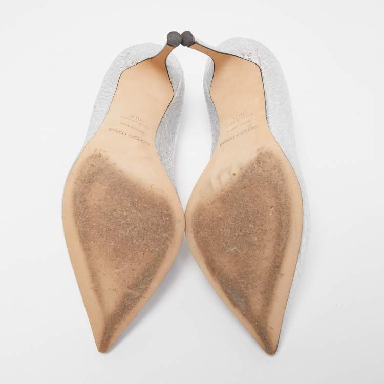 Pre Owned Sergio Rossi Silver Texture Leather Pointed Toe Pumps Size 36.5