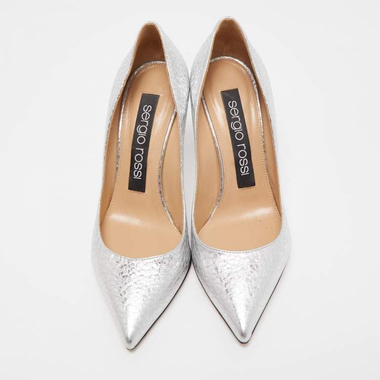 Pre Owned Sergio Rossi Silver Texture Leather Pointed Toe Pumps Size 36.5