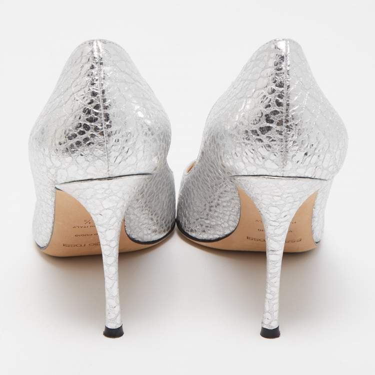Pre Owned Sergio Rossi Silver Texture Leather Pointed Toe Pumps Size 36.5
