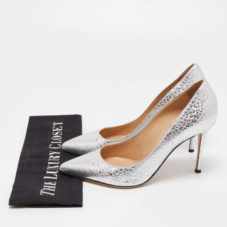 Pre Owned Sergio Rossi Silver Texture Leather Pointed Toe Pumps Size 36.5