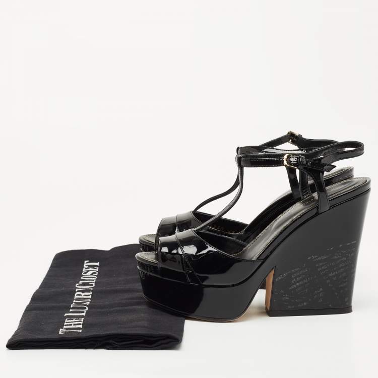 Pre Owned Sergio Rossi Black Patent Leather Wedge Sandals Size 35