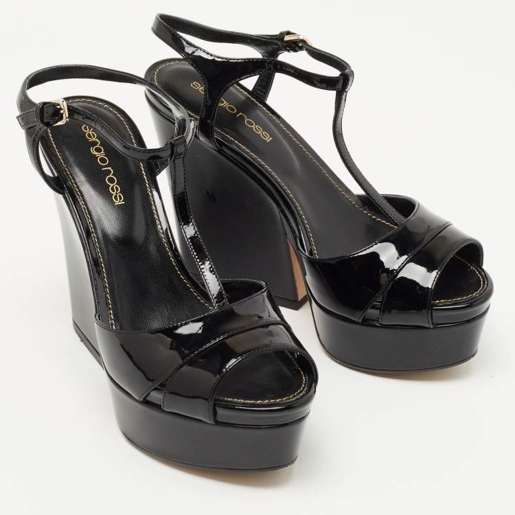 Pre Owned Sergio Rossi Black Patent Leather Wedge Sandals Size 35