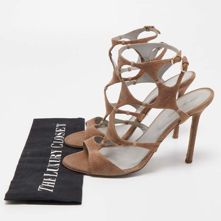 Pre Owned Sergio Rossi Brown Textured Suede Ankle Strap Sandals Size 39.5