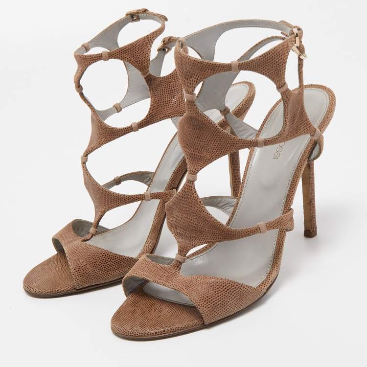 Pre Owned Sergio Rossi Brown Textured Suede Ankle Strap Sandals Size 39.5
