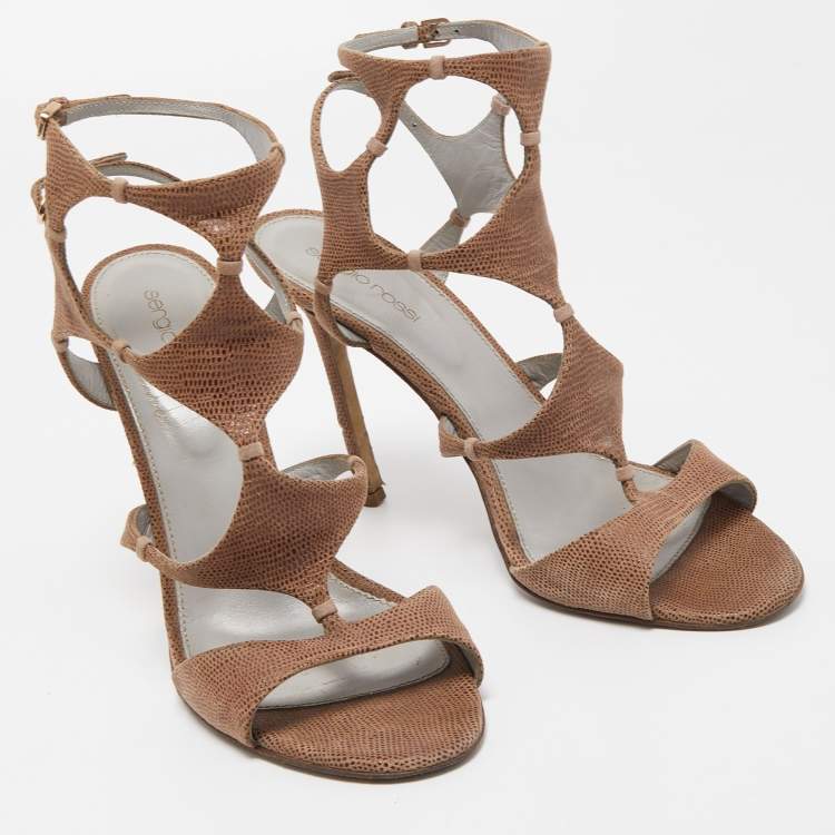 Pre Owned Sergio Rossi Brown Textured Suede Ankle Strap Sandals Size 39.5