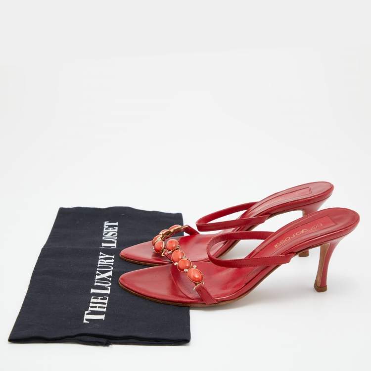 Pre Owned Sergio Rossi Red Leather Crystal Embellished Slide Sandals Size 36