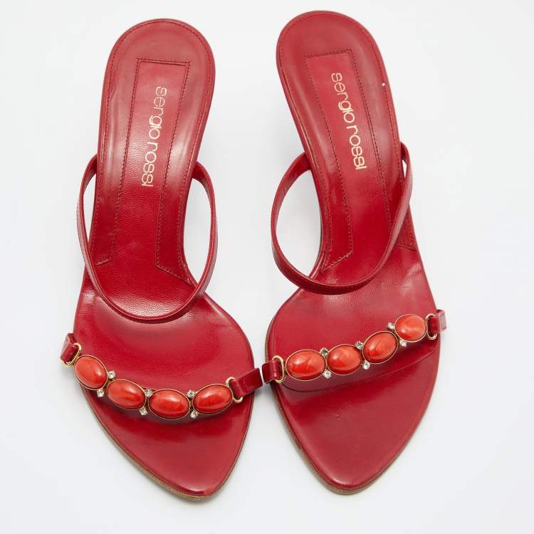 Pre Owned Sergio Rossi Red Leather Crystal Embellished Slide Sandals Size 36