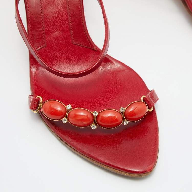 Pre Owned Sergio Rossi Red Leather Crystal Embellished Slide Sandals Size 36