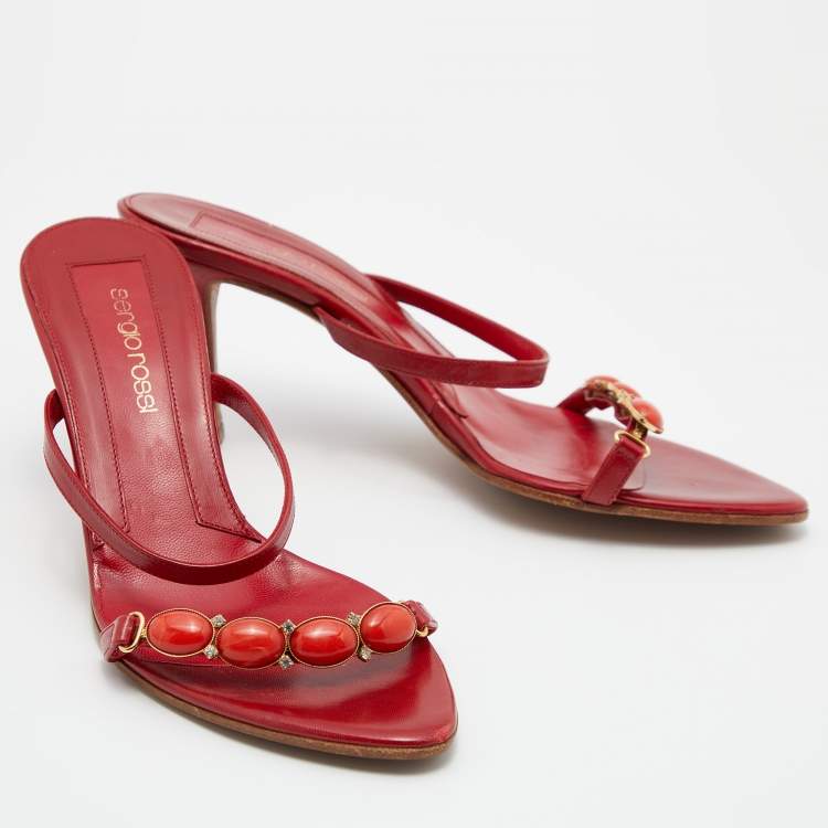 Pre Owned Sergio Rossi Red Leather Crystal Embellished Slide Sandals Size 36