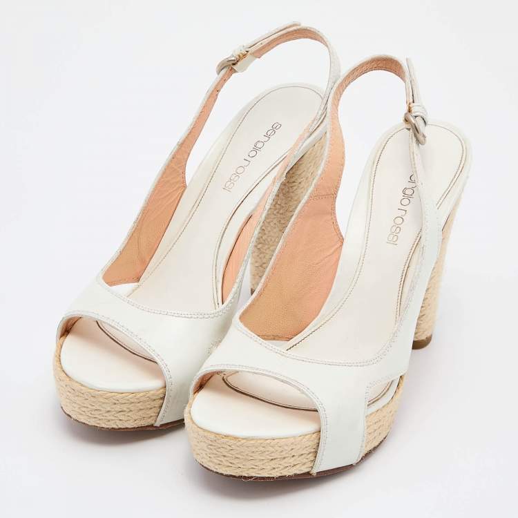 مملوكة مسبقًا Sergio Rossi Off White Leather Block Heel Slingback Sandals Size 37.5
