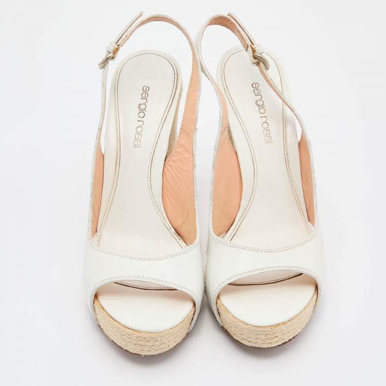 مملوكة مسبقًا Sergio Rossi Off White Leather Block Heel Slingback Sandals Size 37.5