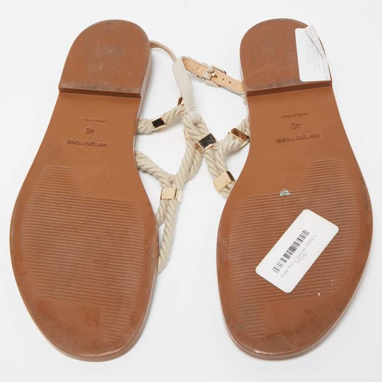 Pre Owned Sergio Rossi Beige Leather and Raffia Ankle Strap Flat Sandals Size 40
