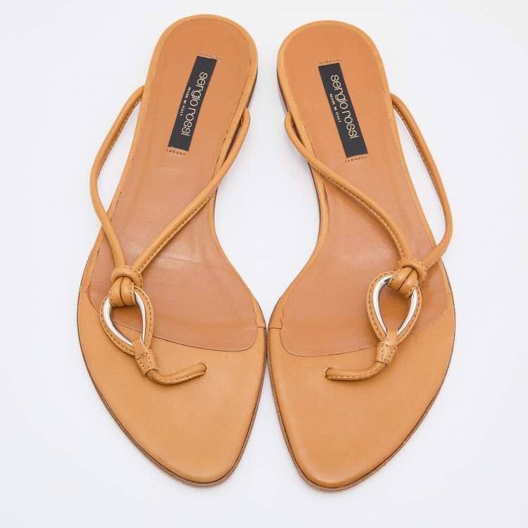 Pre Owned Sergio Rossi Beige Leather Thong Flats Slides Size 36.5