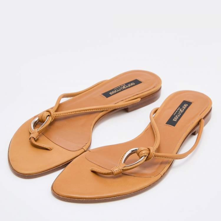 Pre Owned Sergio Rossi Beige Leather Thong Flats Slides Size 36.5