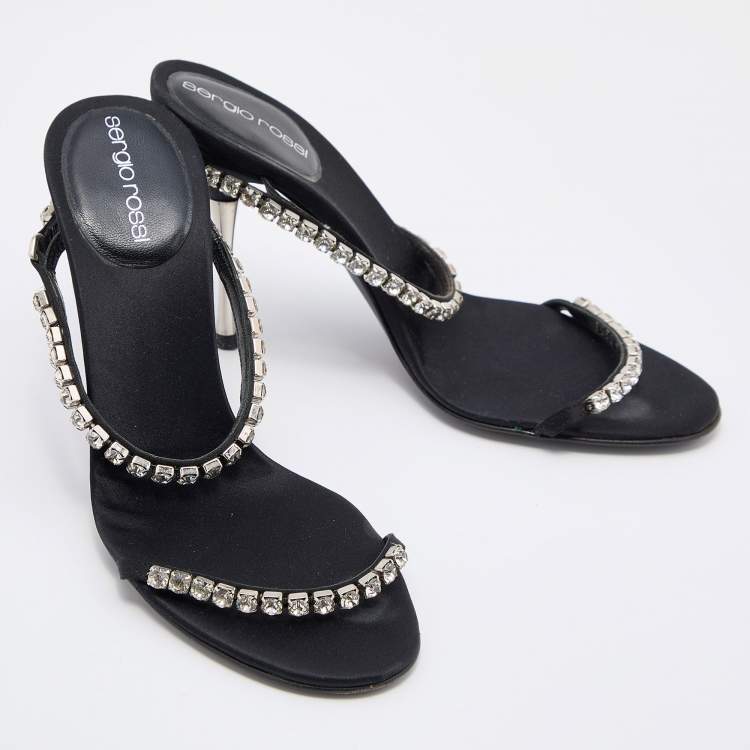 Pre Owned Sergio Rossi Black Satin Crystal Embellished Slide Sandals Size 36.5