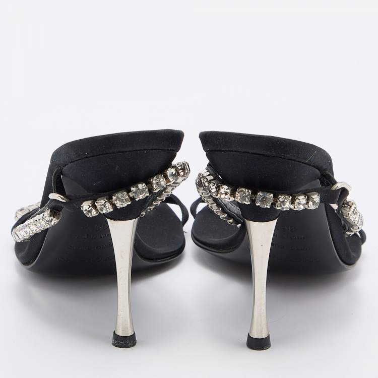 Pre Owned Sergio Rossi Black Satin Crystal Embellished Slide Sandals Size 36.5
