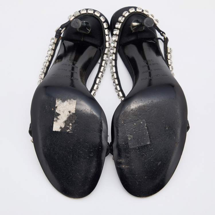 Pre Owned Sergio Rossi Black Satin Crystal Embellished Slide Sandals Size 36.5