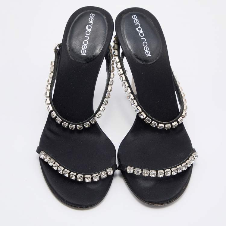 Pre Owned Sergio Rossi Black Satin Crystal Embellished Slide Sandals Size 36.5