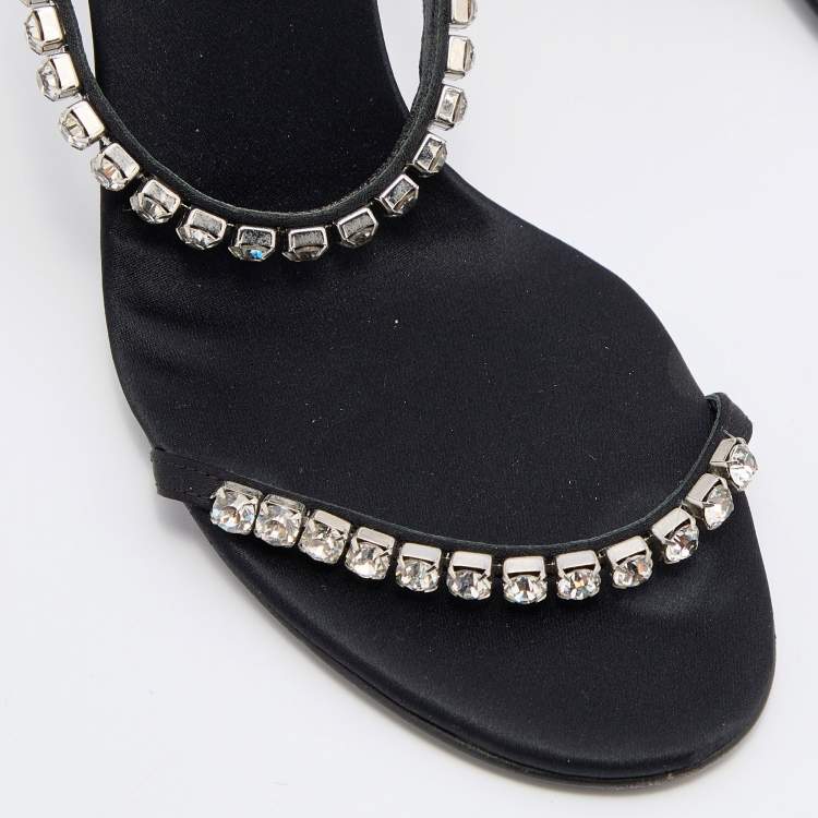 Pre Owned Sergio Rossi Black Satin Crystal Embellished Slide Sandals Size 36.5