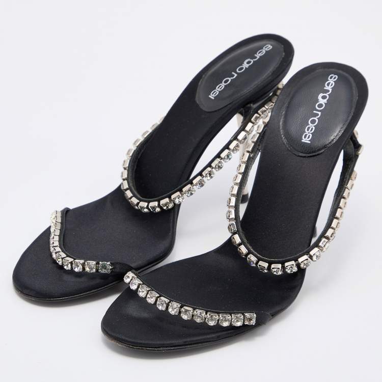 Pre Owned Sergio Rossi Black Satin Crystal Embellished Slide Sandals Size 36.5