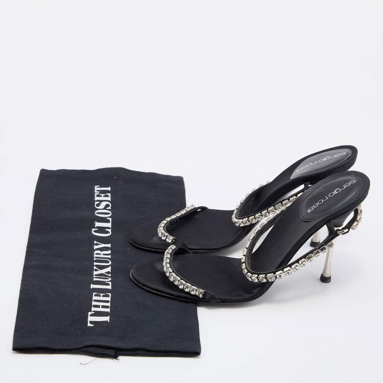 Pre Owned Sergio Rossi Black Satin Crystal Embellished Slide Sandals Size 36.5