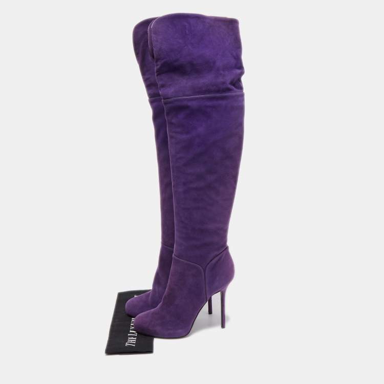 Pre Owned Sergio Rossi Purple Suede Zip Detail Knee Length Boots Size 40.5  